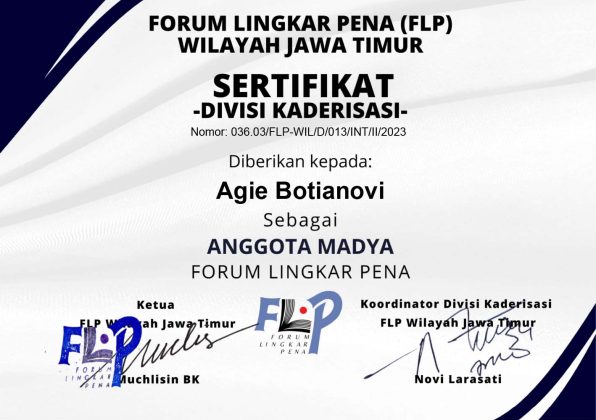 Sertifikat anggota madya FLP Agie Botianovi